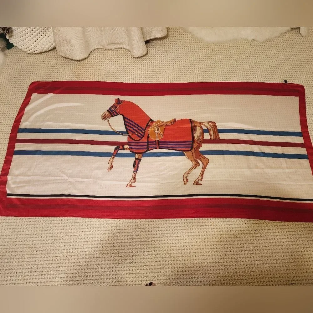 Oversized 100% Silk Equestrian Horse Print Scarf Bold Red Border Ret. 125€/$150